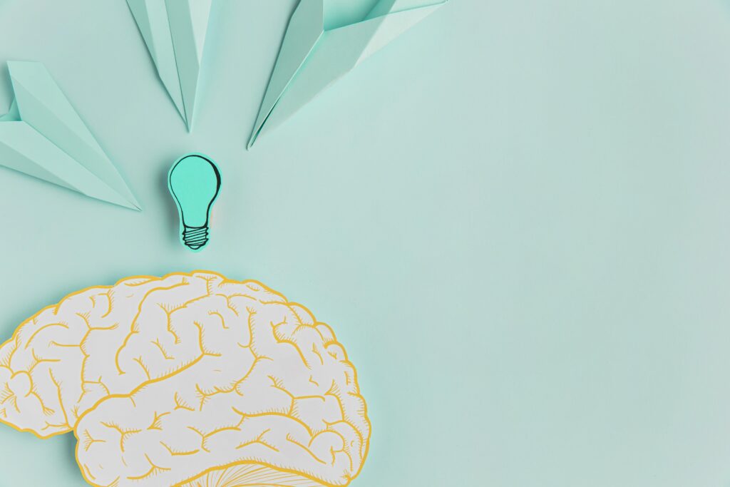 paper airplanes pointing brain with copy space