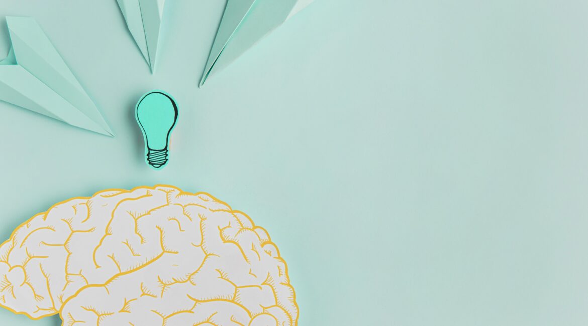 paper airplanes pointing brain with copy space